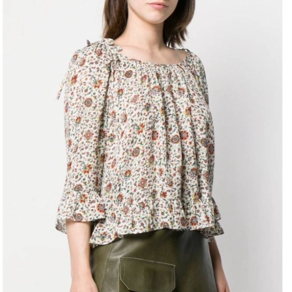 Tory Burch Printed Ruffle Blouse in Ivory Soleil